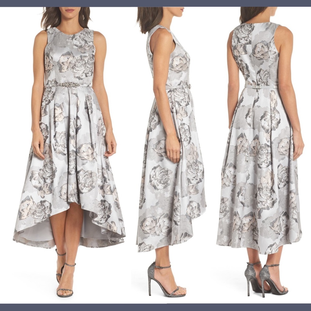 NWT $248 Eliza J Jacquard High-Low Floral Gown‎ in Silver/Grey [SZ 10 ]